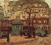 Grant Wood Greenish Bus in Street of Paris oil painting